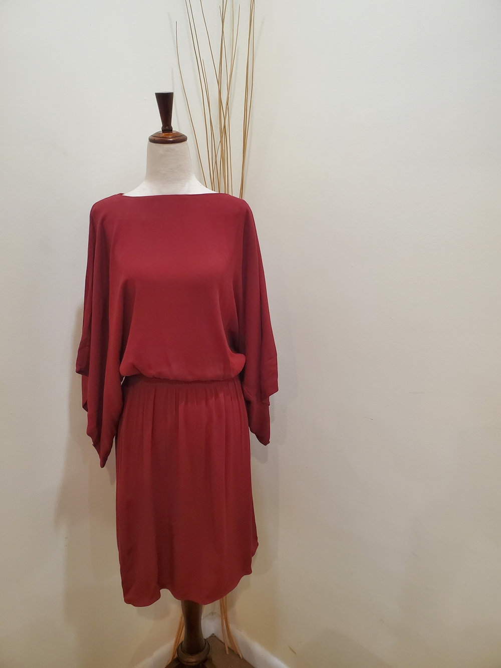Toteme Burgundy Boatneck Midi Dress with Blouson Waist